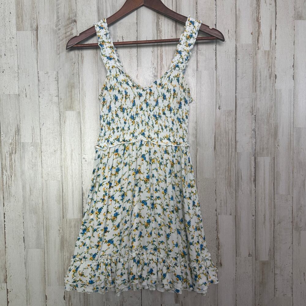 Rue 21 Smocked Floral Sundress Sz XS Blue Yellow Ruffle Cottagecore Boho Y2K EUC